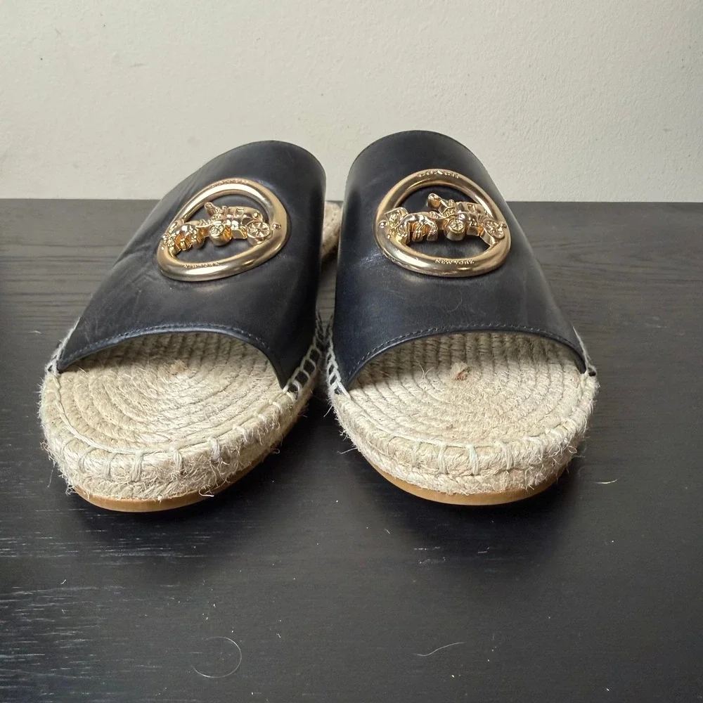 Coach Camille Espadrille Jute Slide Sandals Black Leather Gold Horse Carriage 9B